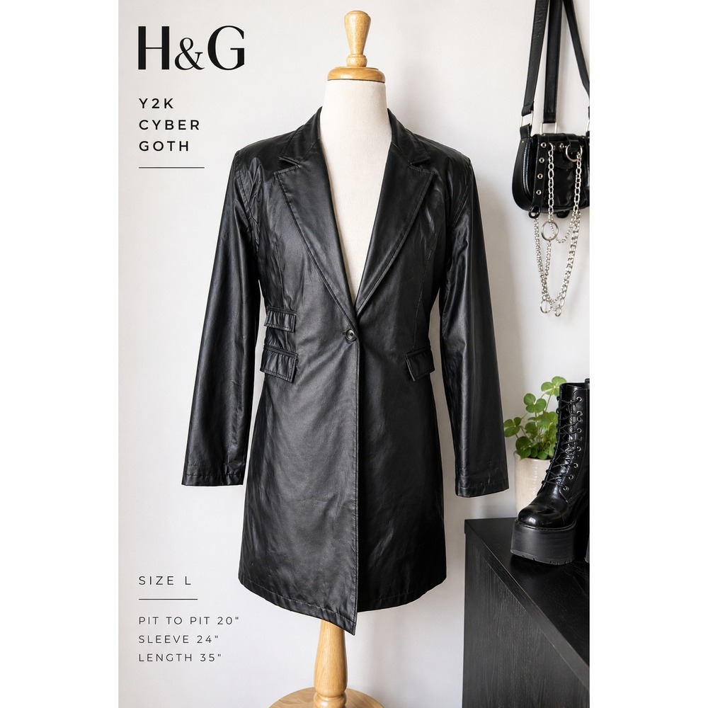 Y2K Black Coat Minimalist Goth‎ Matrix Jacket Large Cyber Goth Clubwear